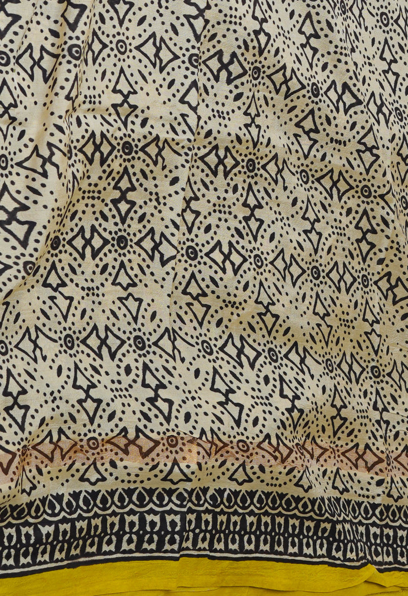 Black-Cream Pure  Preet Bagru Printed Chanderi  sico Saree-UNM70433