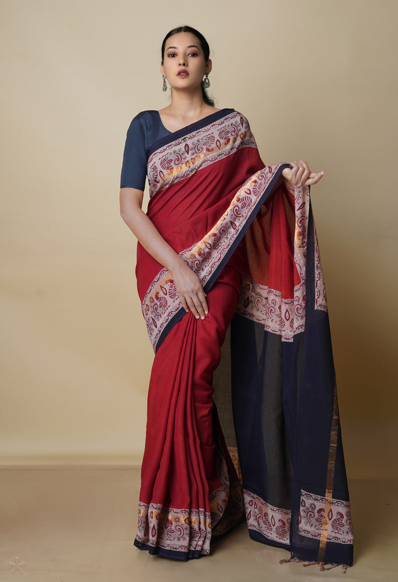 Rum Red-Cream Pure  Preet Bagru Printed Chanderi  sico Saree-UNM70435