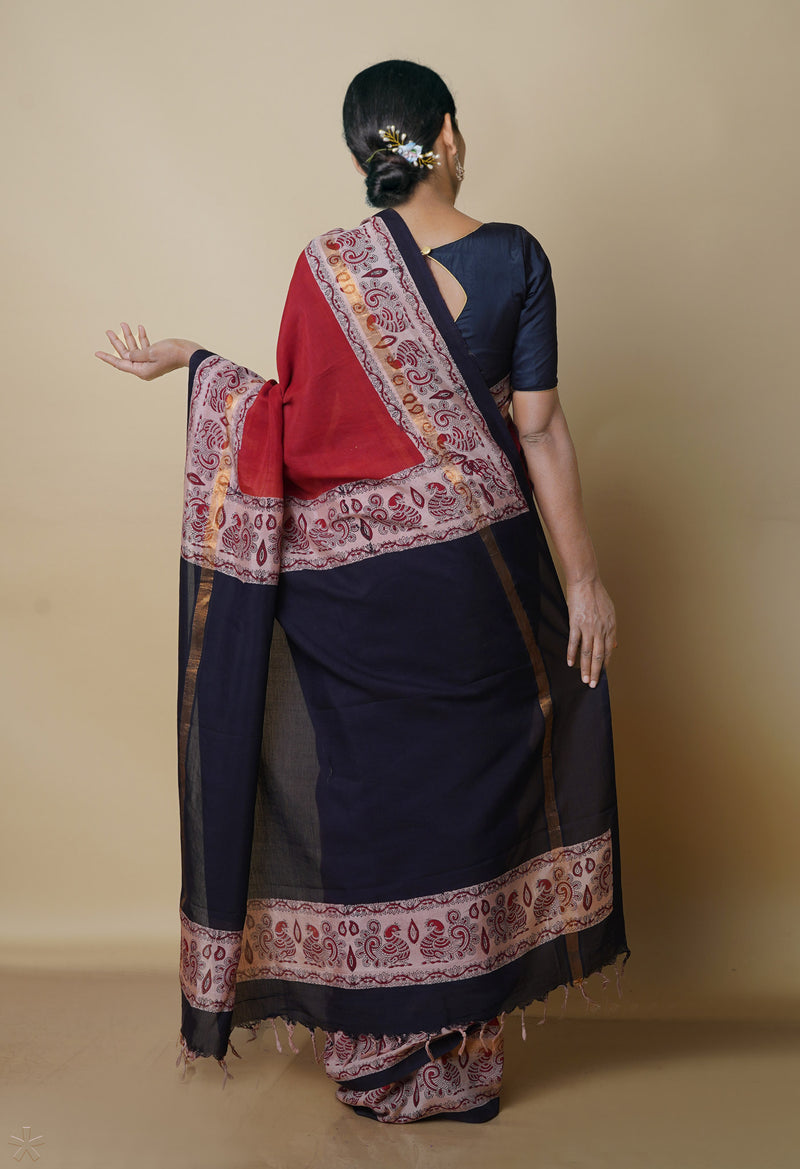 Rum Red-Cream Pure  Preet Bagru Printed Chanderi  sico Saree-UNM70435