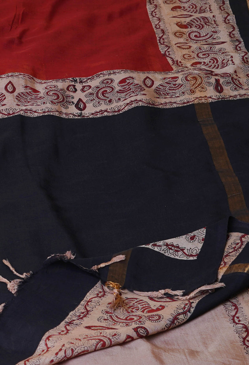 Rum Red-Cream Pure  Preet Bagru Printed Chanderi  sico Saree-UNM70435
