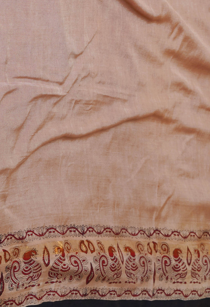 Rum Red-Cream Pure  Preet Bagru Printed Chanderi  sico Saree-UNM70435