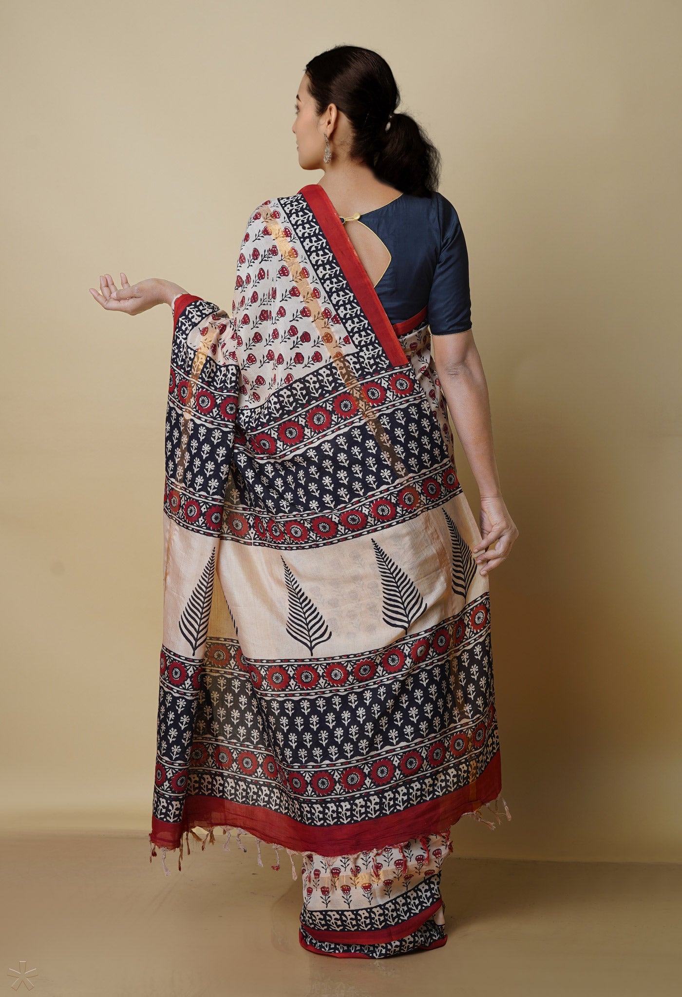 Cream Pure  Preet Bagru Printed Chanderi  sico Saree-UNM70438