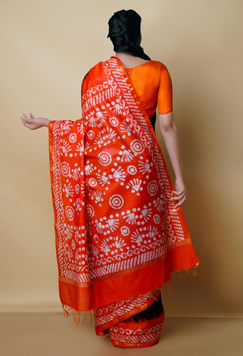 Black-Orange Pure  Batik Chanderi Silk Saree-UNM70445