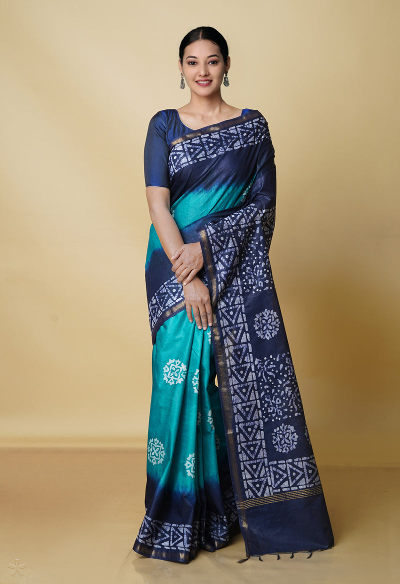 Sea Green-Navy Blue Pure  Batik Chanderi Silk Saree-UNM70448