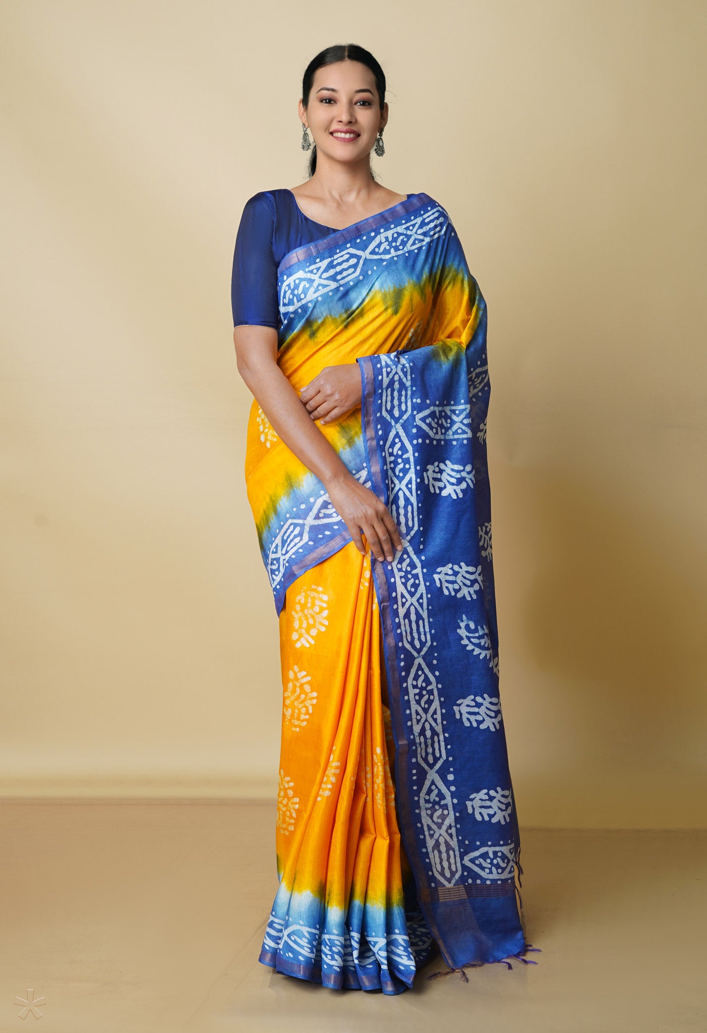 Yellow-Sky Blue Pure  Batik Chanderi Silk Saree-UNM70460
