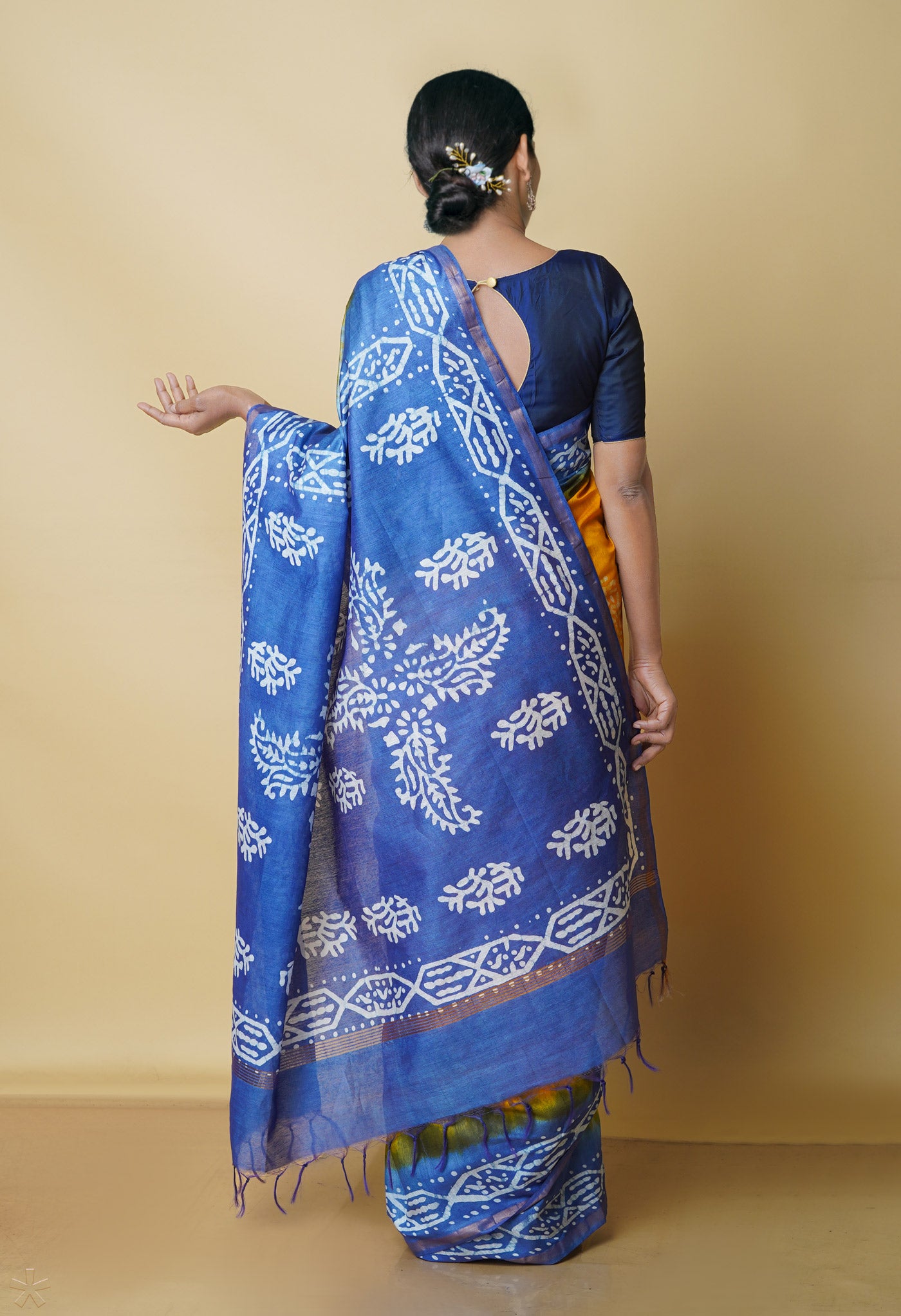 Yellow-Sky Blue Pure  Batik Chanderi Silk Saree-UNM70460