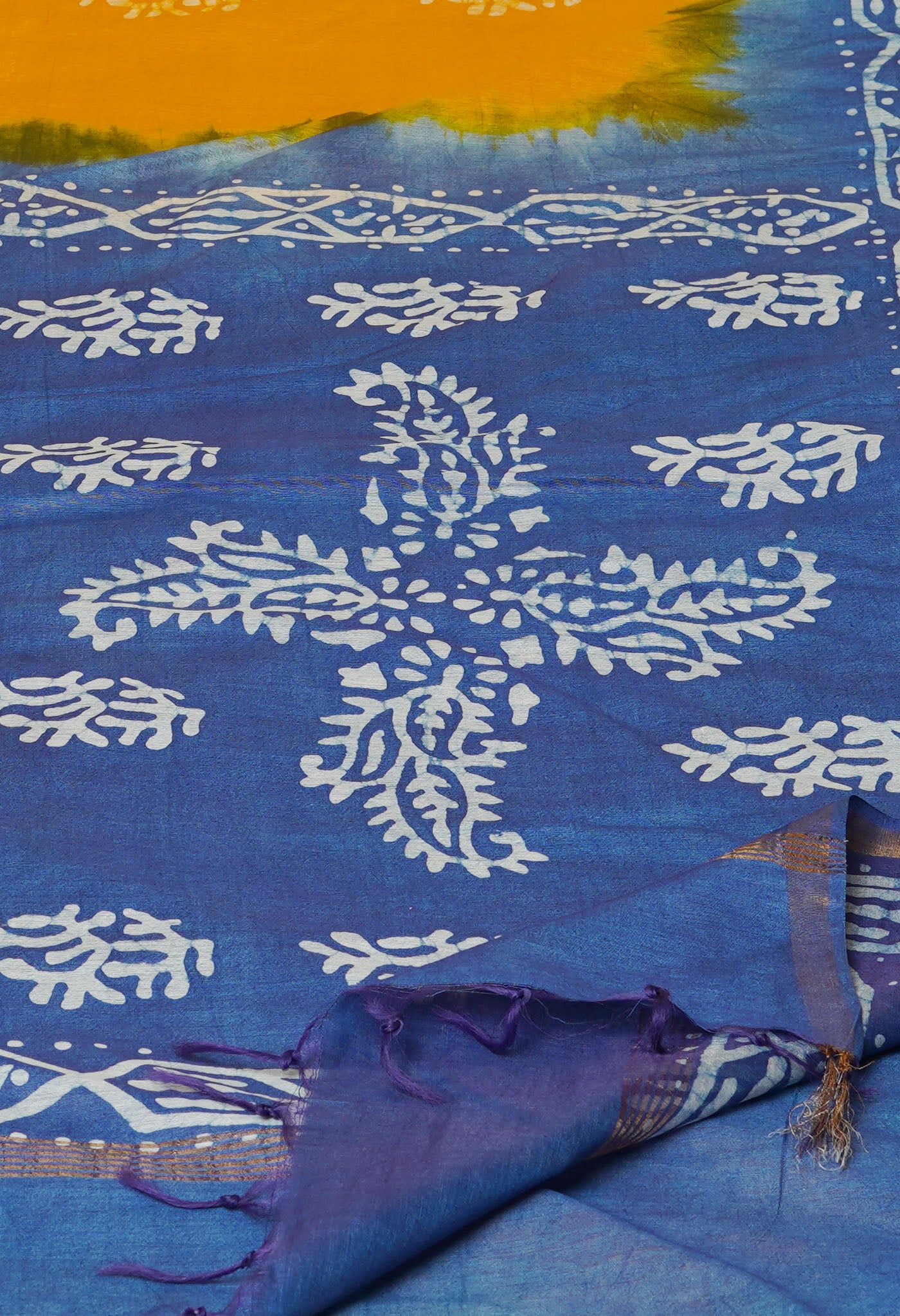 Yellow-Sky Blue Pure  Batik Chanderi Silk Saree-UNM70460