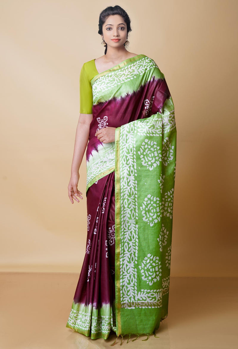 Wine Red-Green Pure  Batik Chanderi Silk Saree-UNM70461
