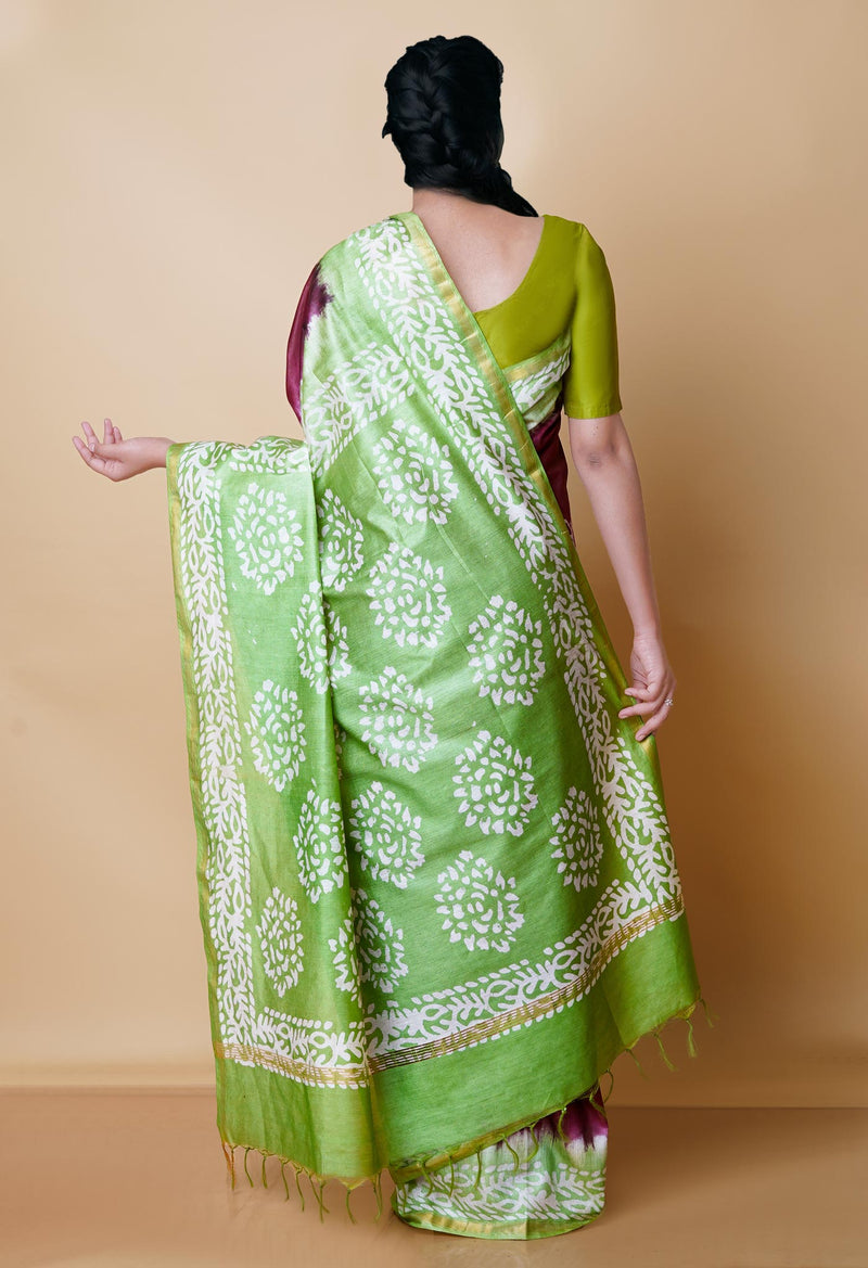 Wine Red-Green Pure  Batik Chanderi Silk Saree-UNM70461