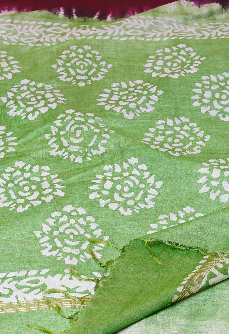 Wine Red-Green Pure  Batik Chanderi Silk Saree-UNM70461