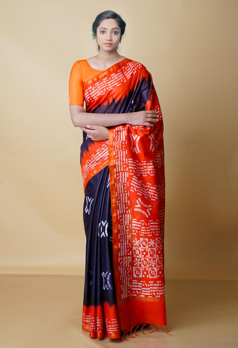 Black-Orange Pure  Batik Chanderi Silk Saree-UNM70468