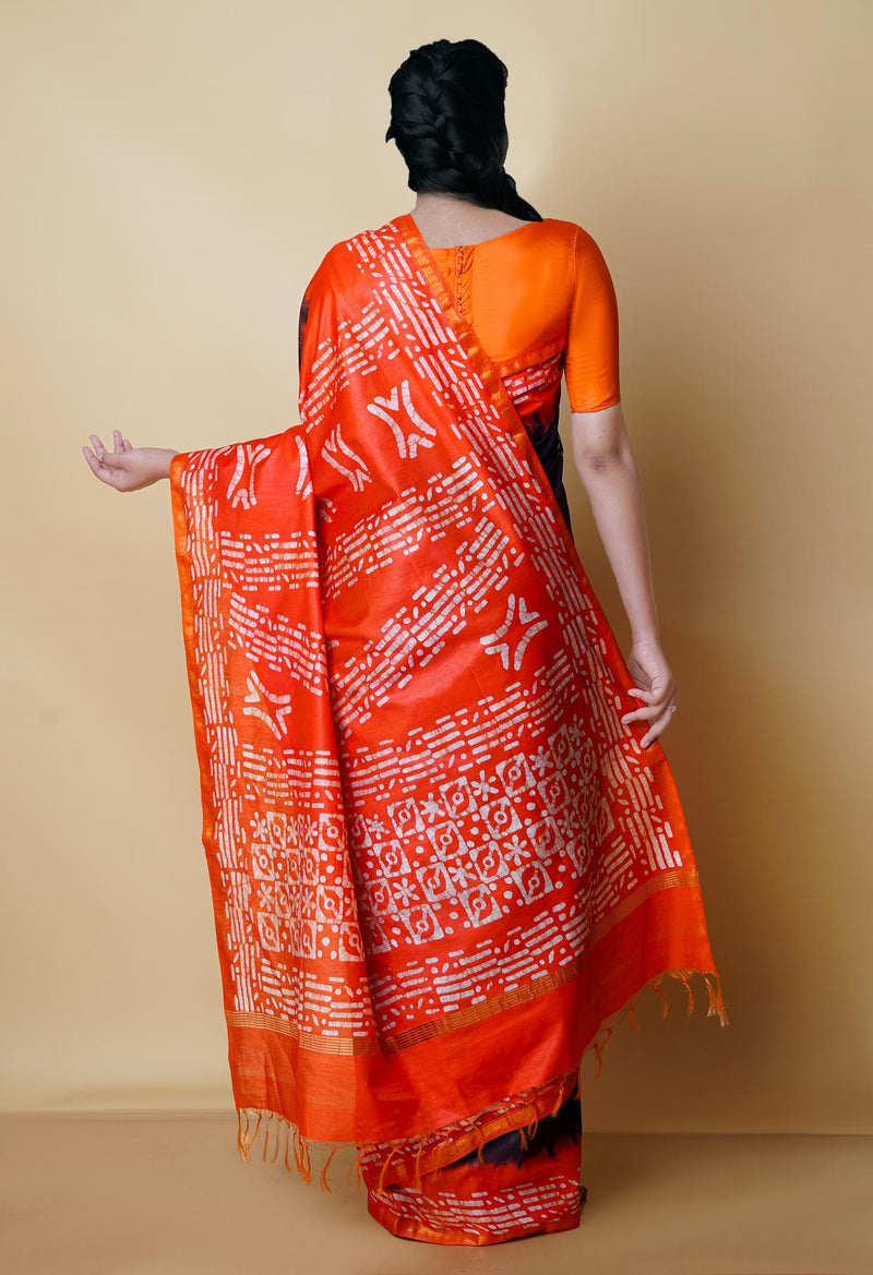 Black-Orange Pure  Batik Chanderi Silk Saree-UNM70468