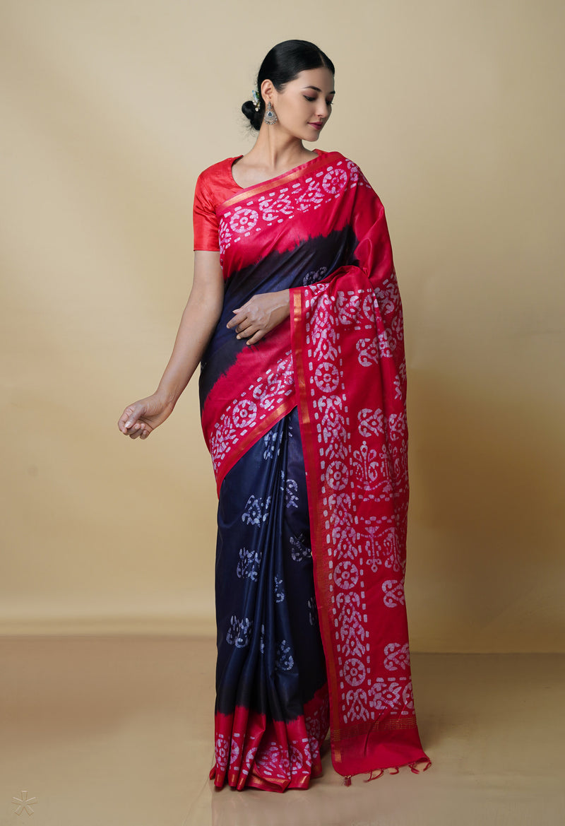 Navy Blue-Pink Pure  Batik Chanderi Silk Saree-UNM70472
