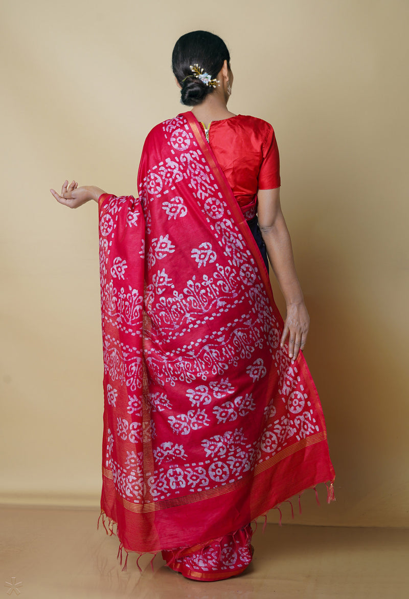 Navy Blue-Pink Pure  Batik Chanderi Silk Saree-UNM70472