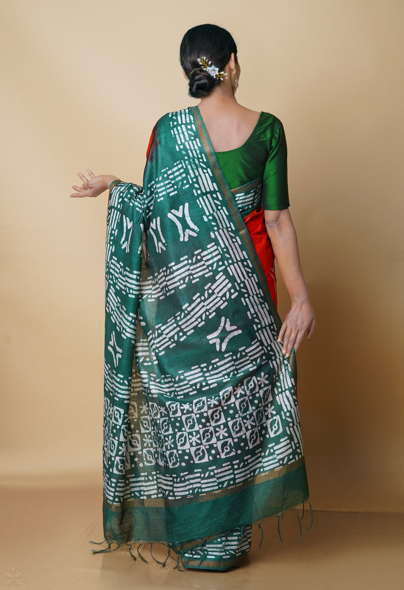 Orange-Dark Green Pure  Batik Chanderi Silk Saree-UNM70474