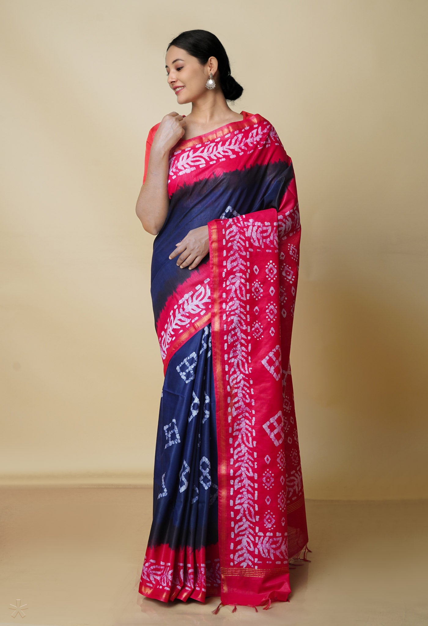 Navy Blue-Pink Pure  Batik Chanderi Silk Saree-UNM70479
