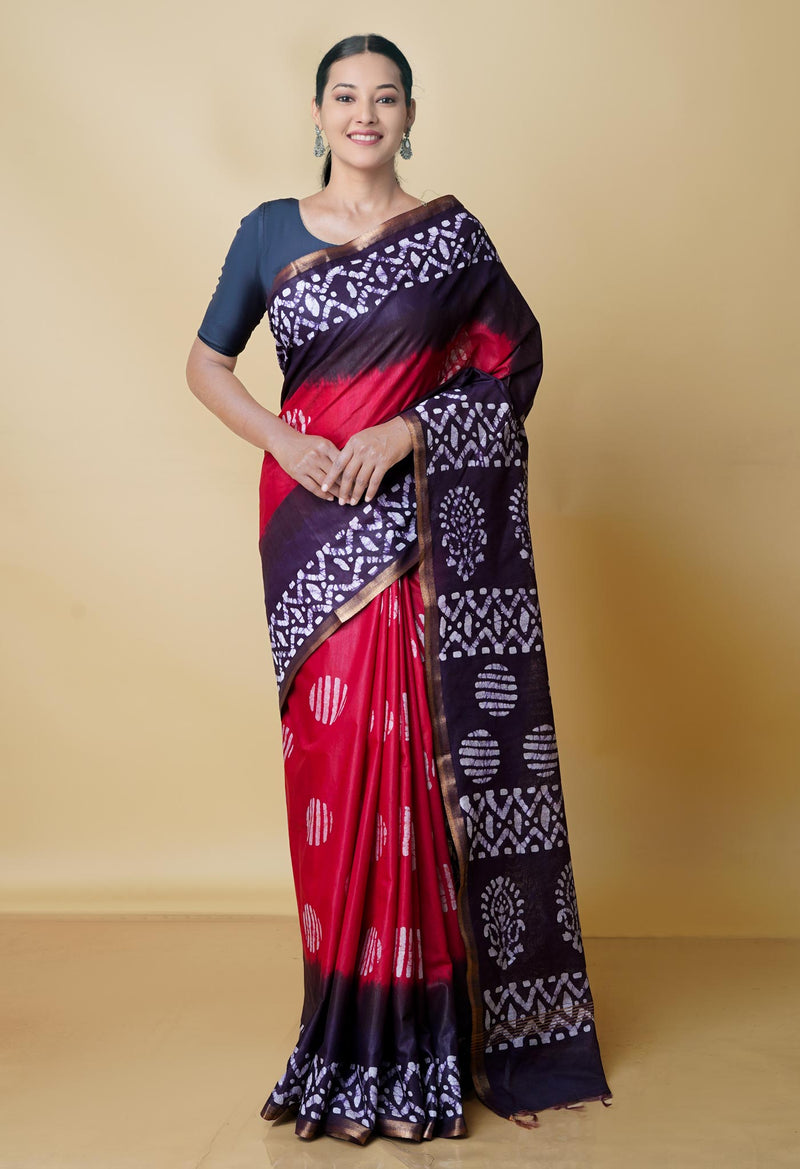 Red-Dark Purple Pure  Batik Chanderi Silk Saree-UNM70481