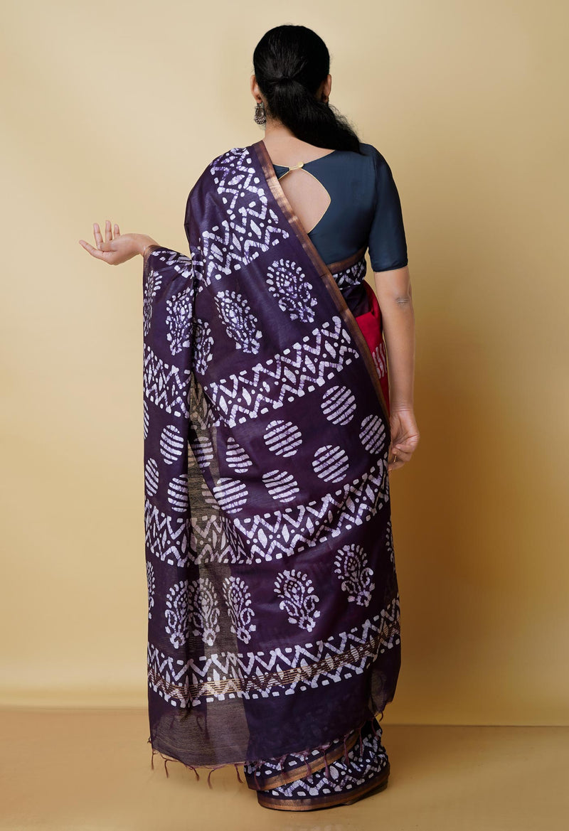 Red-Dark Purple Pure  Batik Chanderi Silk Saree-UNM70481
