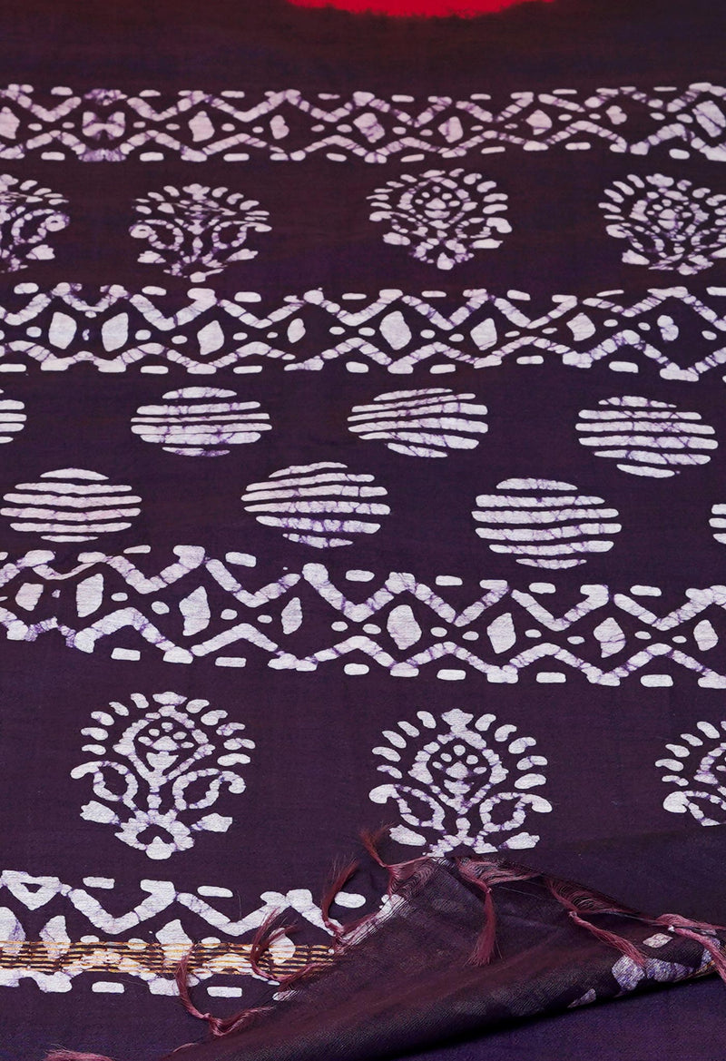 Red-Dark Purple Pure  Batik Chanderi Silk Saree-UNM70481