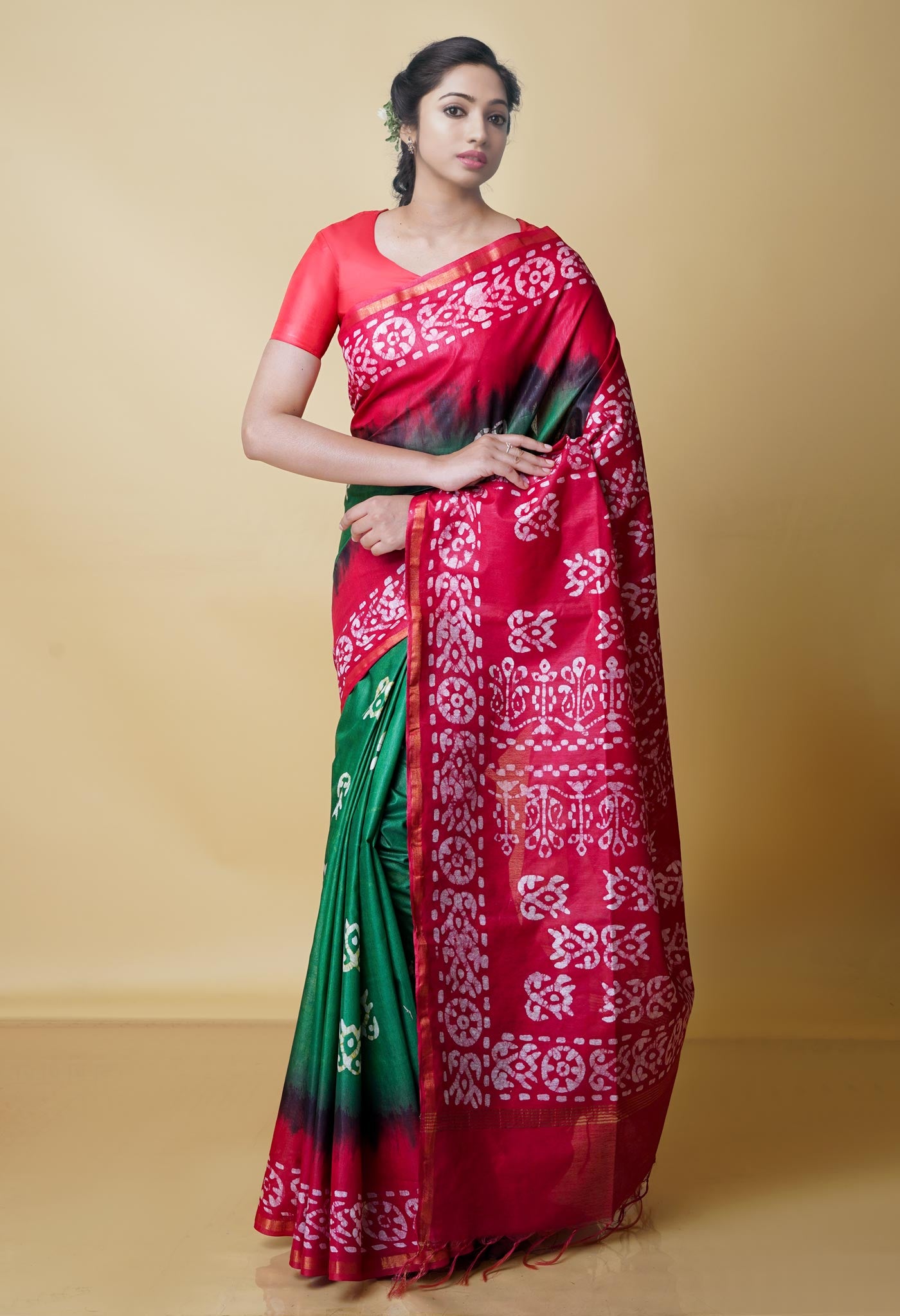 Green-Red Pure  Batik Chanderi Silk Saree-UNM70490
