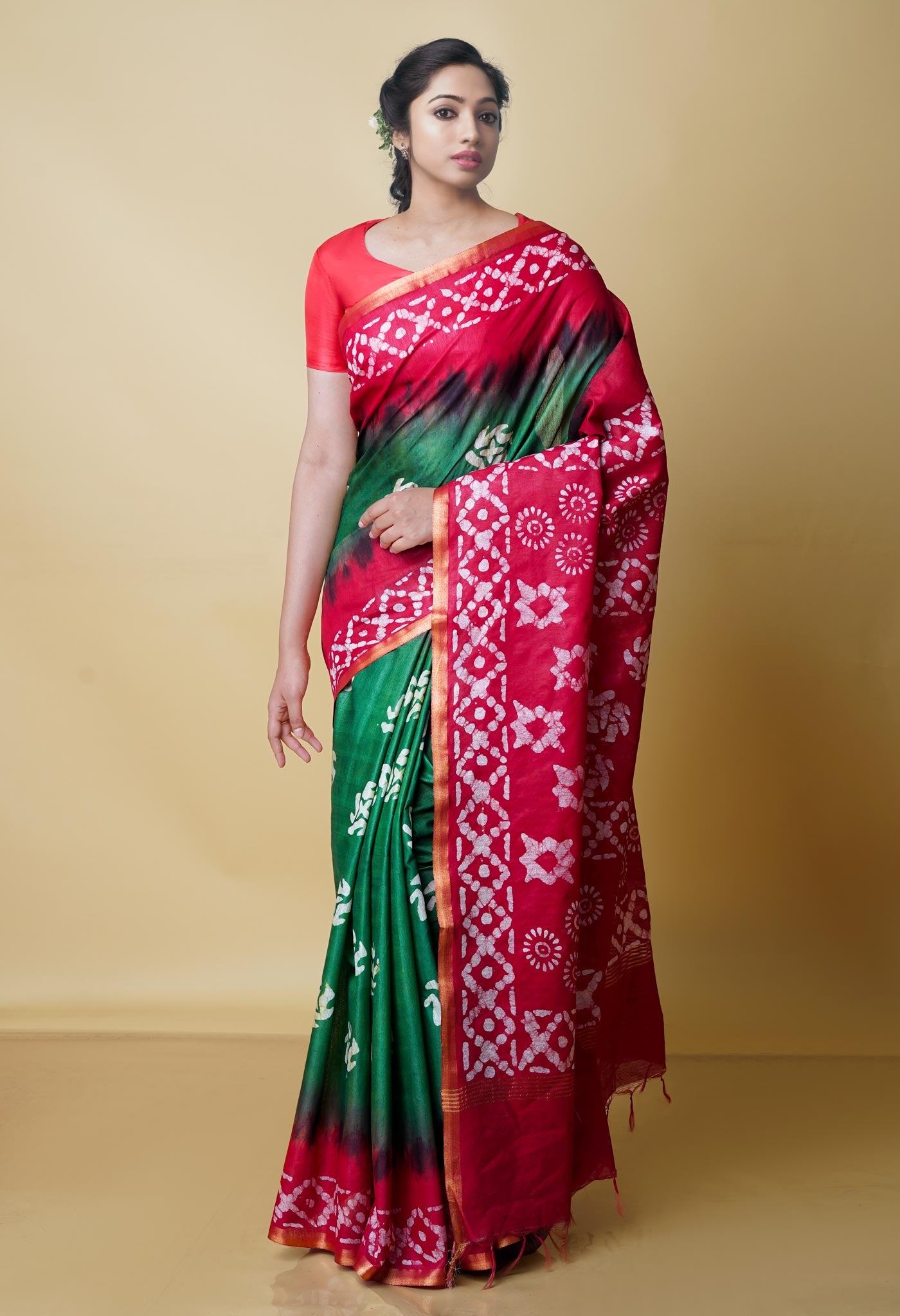 Green-Red Pure  Batik Chanderi Silk Saree-UNM70498