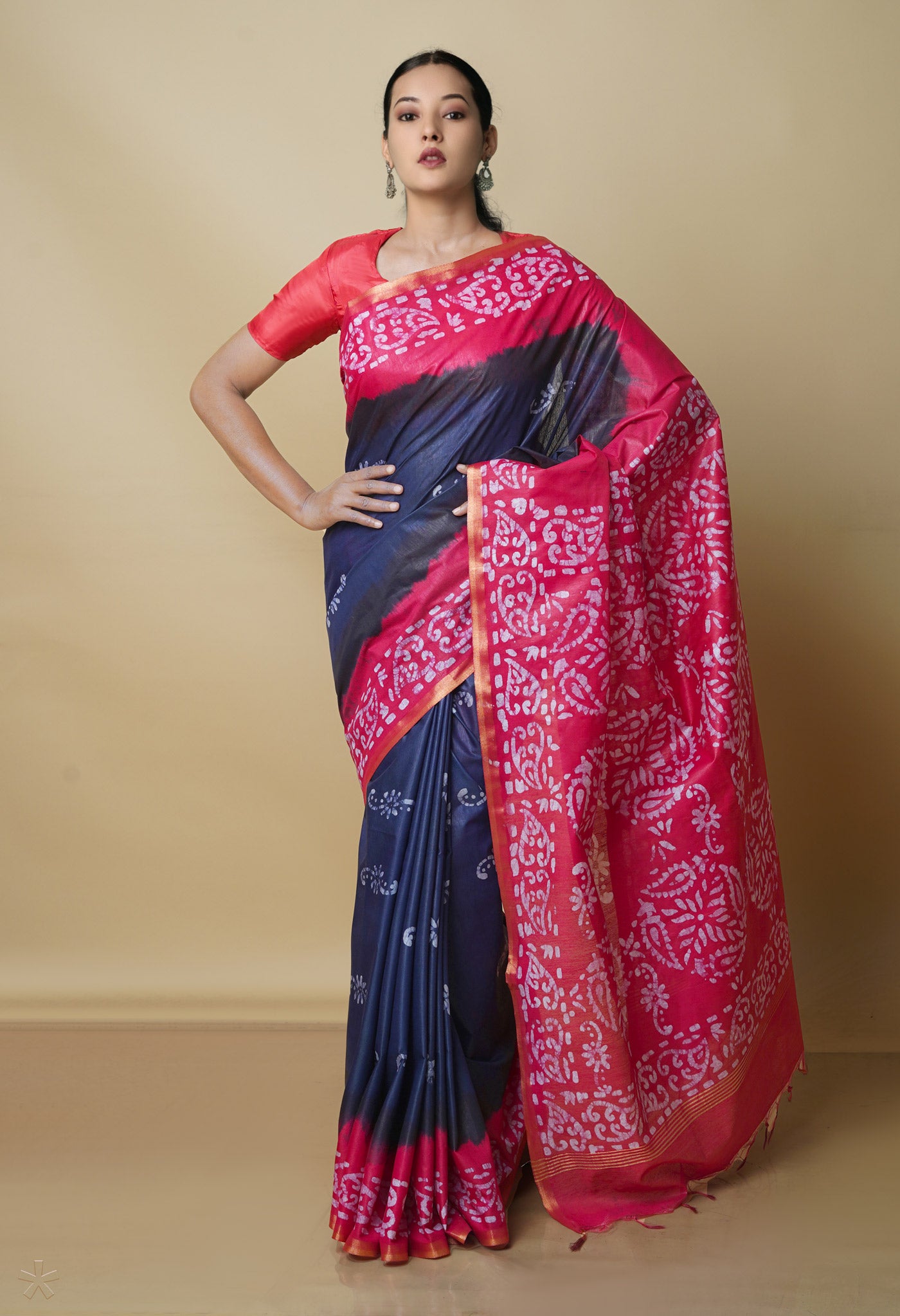 Navy Blue-Pink Pure  Batik Chanderi Silk Saree-UNM70501
