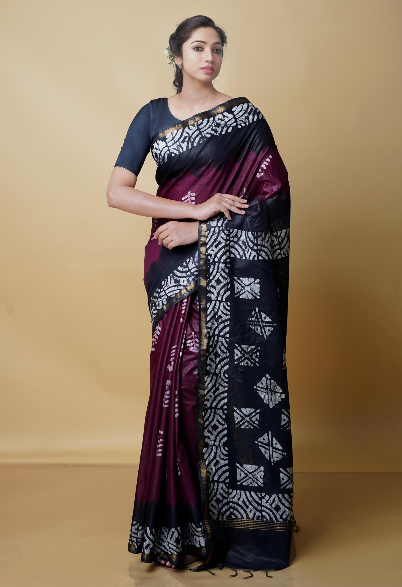 Burgundy-Black Pure  Batik Chanderi Silk Saree-UNM70502