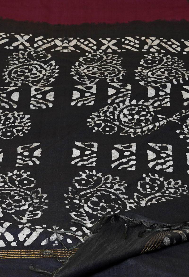 Burgundy-Black Pure  Batik Chanderi Silk Saree-UNM70504