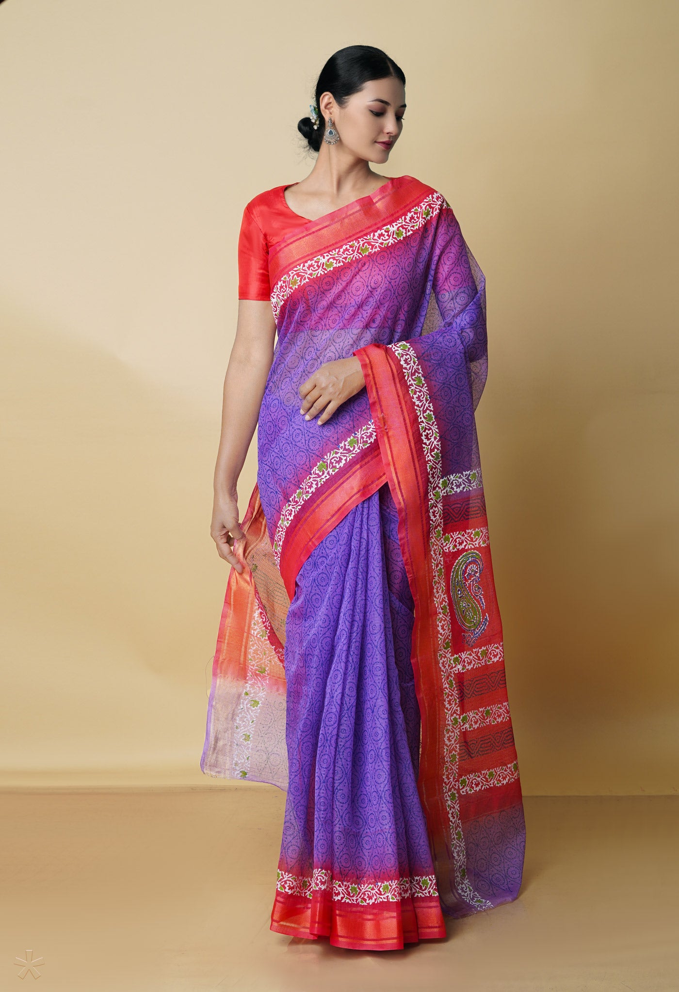 Indigo Purple Pure  Block Printed Kota  cotton Saree-UNM70534