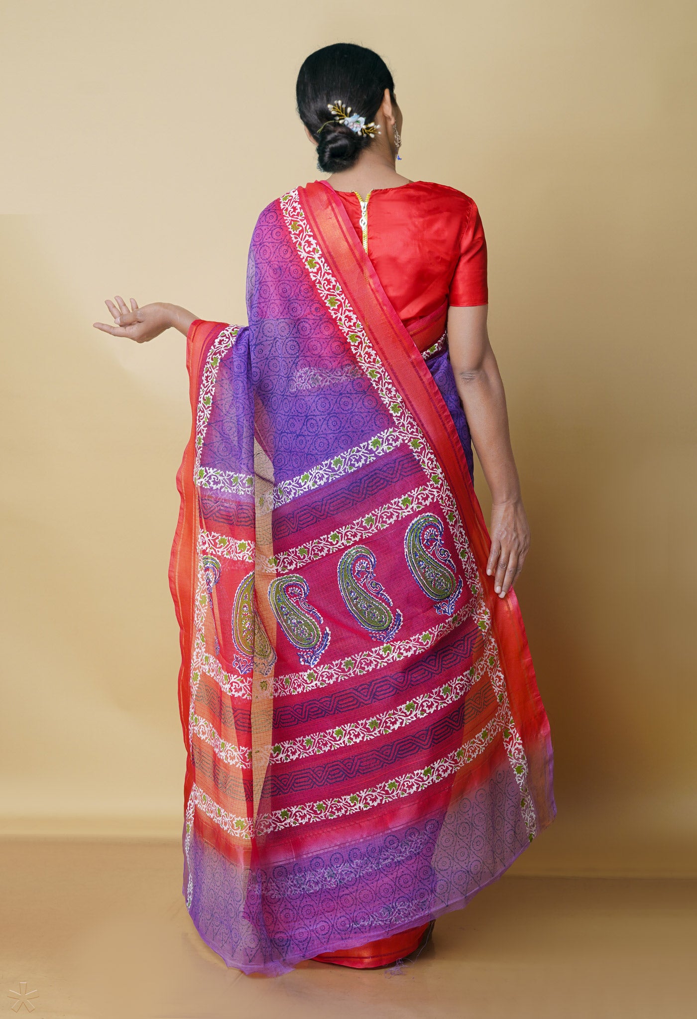Indigo Purple Pure  Block Printed Kota  cotton Saree-UNM70534