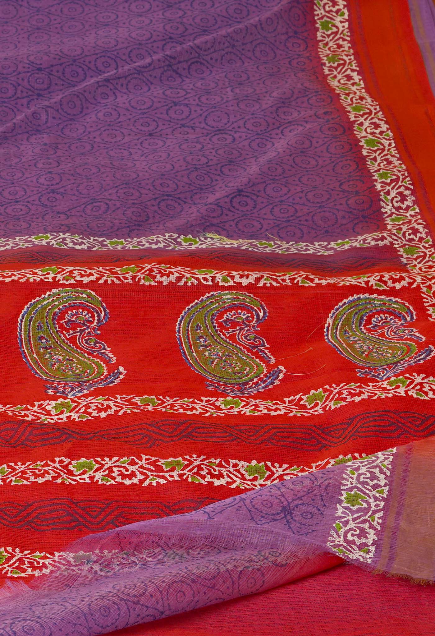 Indigo Purple Pure  Block Printed Kota  cotton Saree-UNM70534