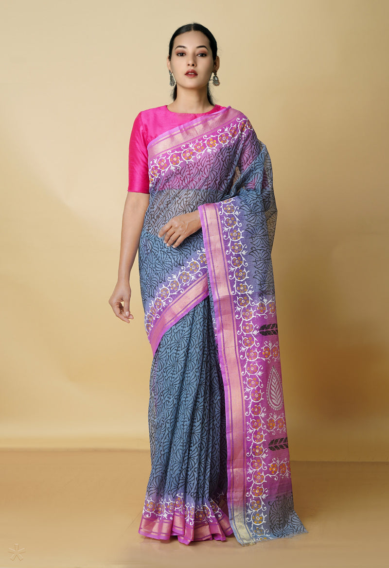 Grey Pure  Block Printed Kota  cotton Saree-UNM70539