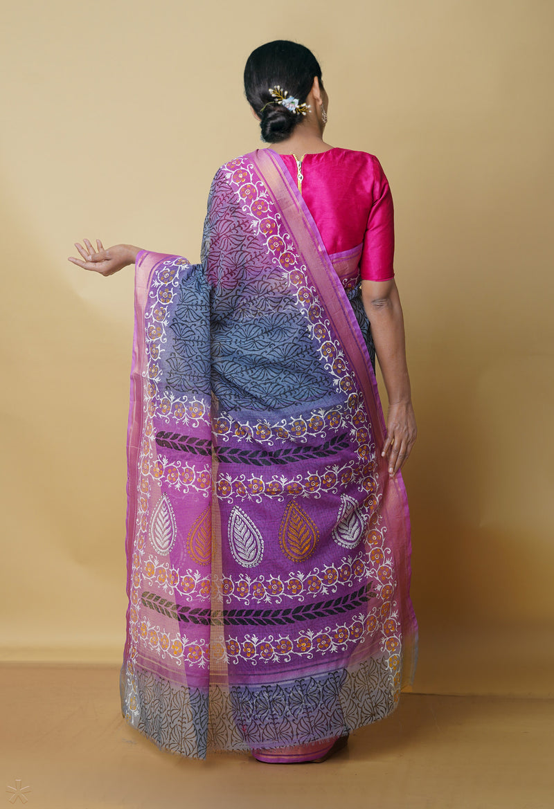 Grey Pure  Block Printed Kota  cotton Saree-UNM70539