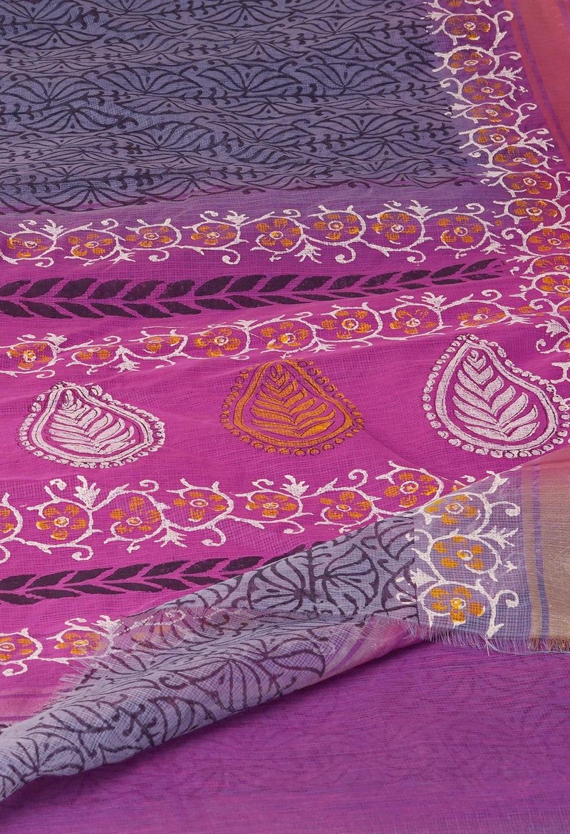 Grey Pure  Block Printed Kota  cotton Saree-UNM70539