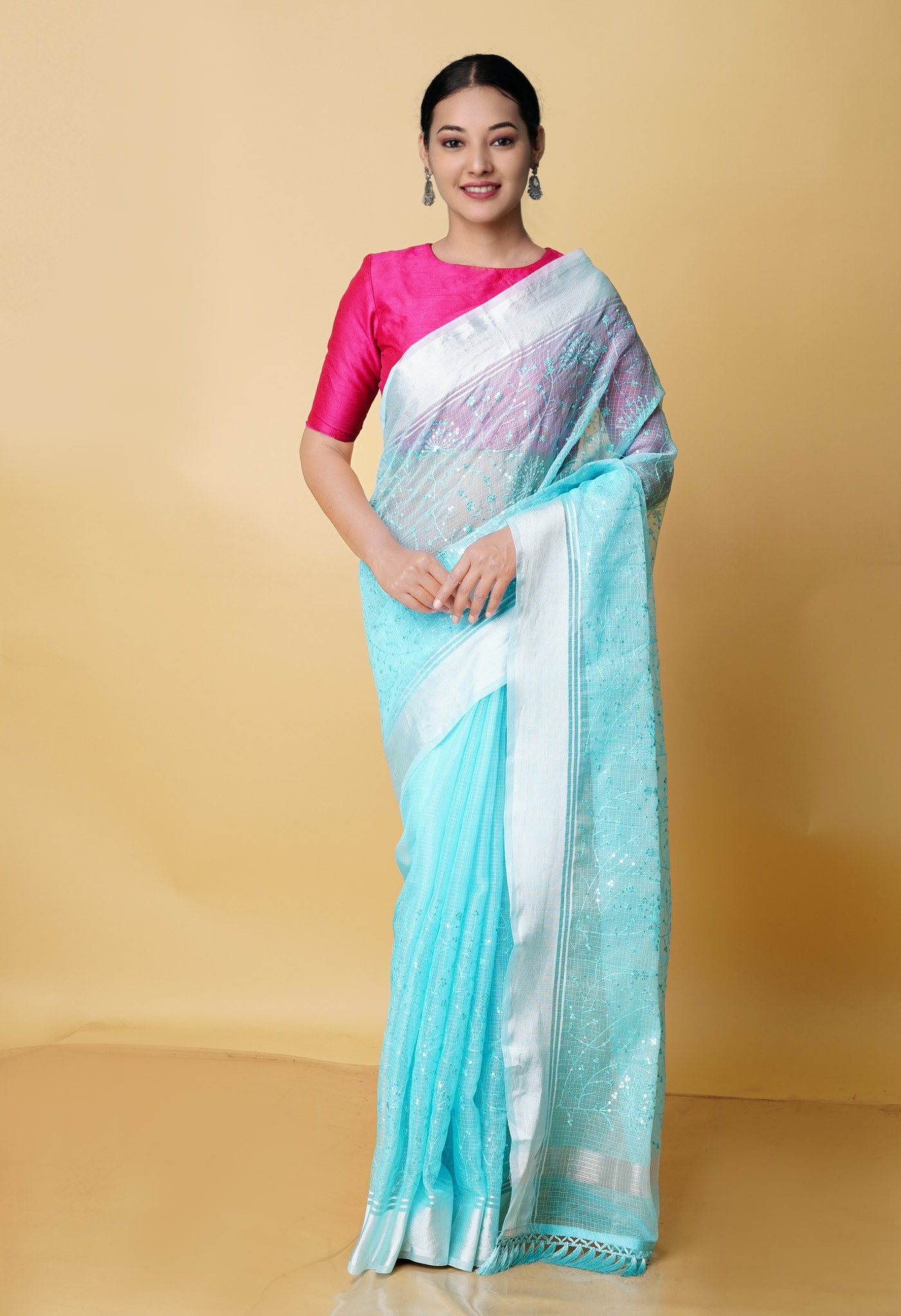 Sky Blue Pure  Kota With Sequence Embroidery cotton Saree-UNM70547