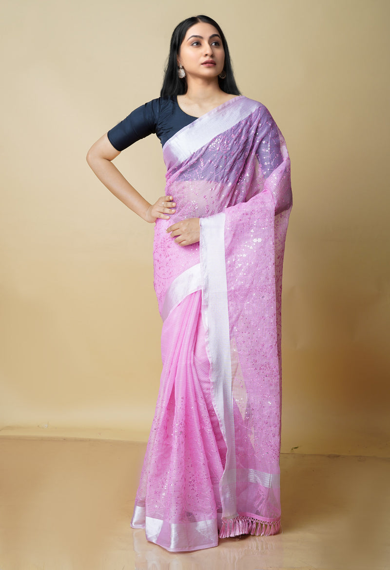 Baby Pink Pure  Kota With Sequence Embroidery cotton Saree-UNM70549