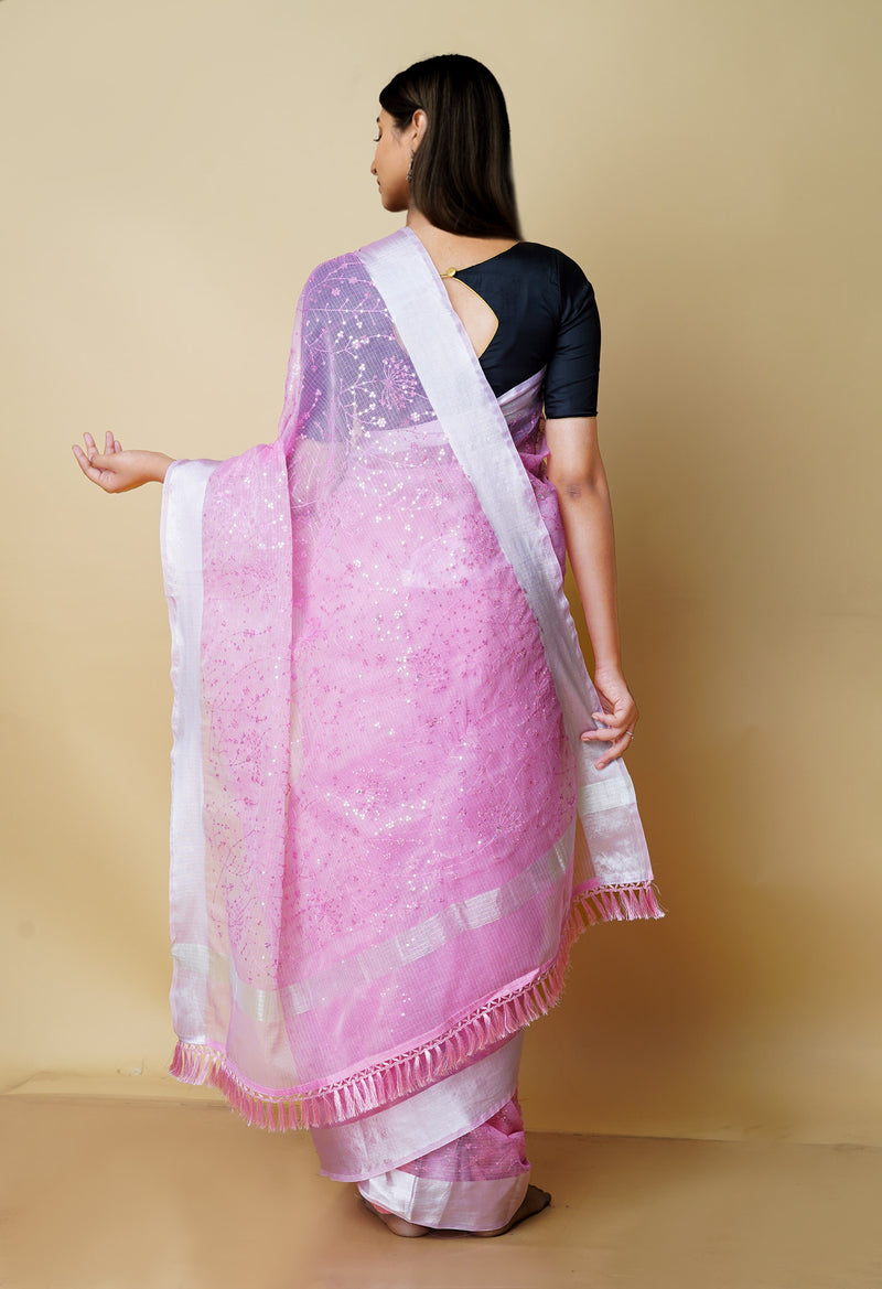 Baby Pink Pure  Kota With Sequence Embroidery cotton Saree-UNM70549