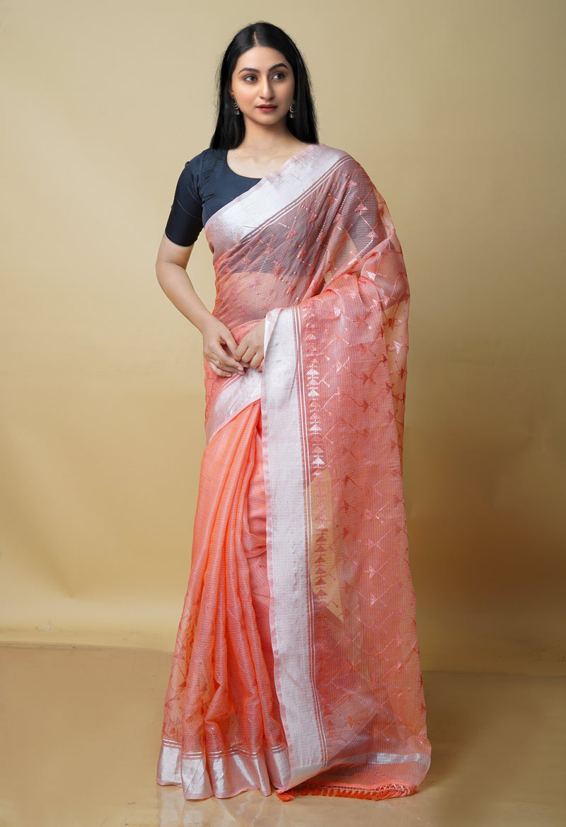 Peach Orange Pure  Kota With Sequence Embroidery cotton Saree-UNM70554