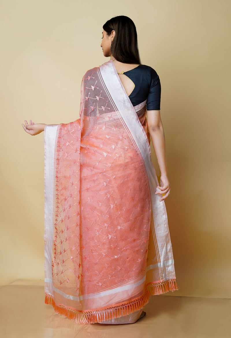 Peach Orange Pure  Kota With Sequence Embroidery cotton Saree-UNM70554