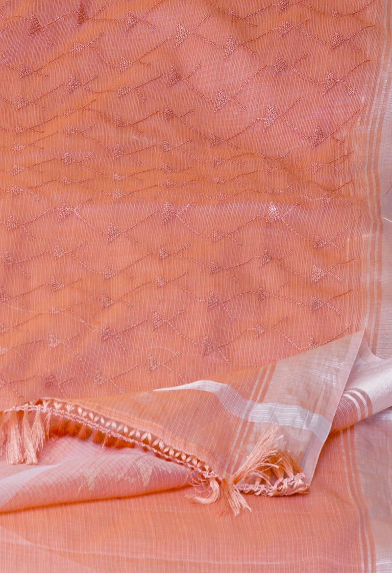 Peach Orange Pure  Kota With Sequence Embroidery cotton Saree-UNM70554