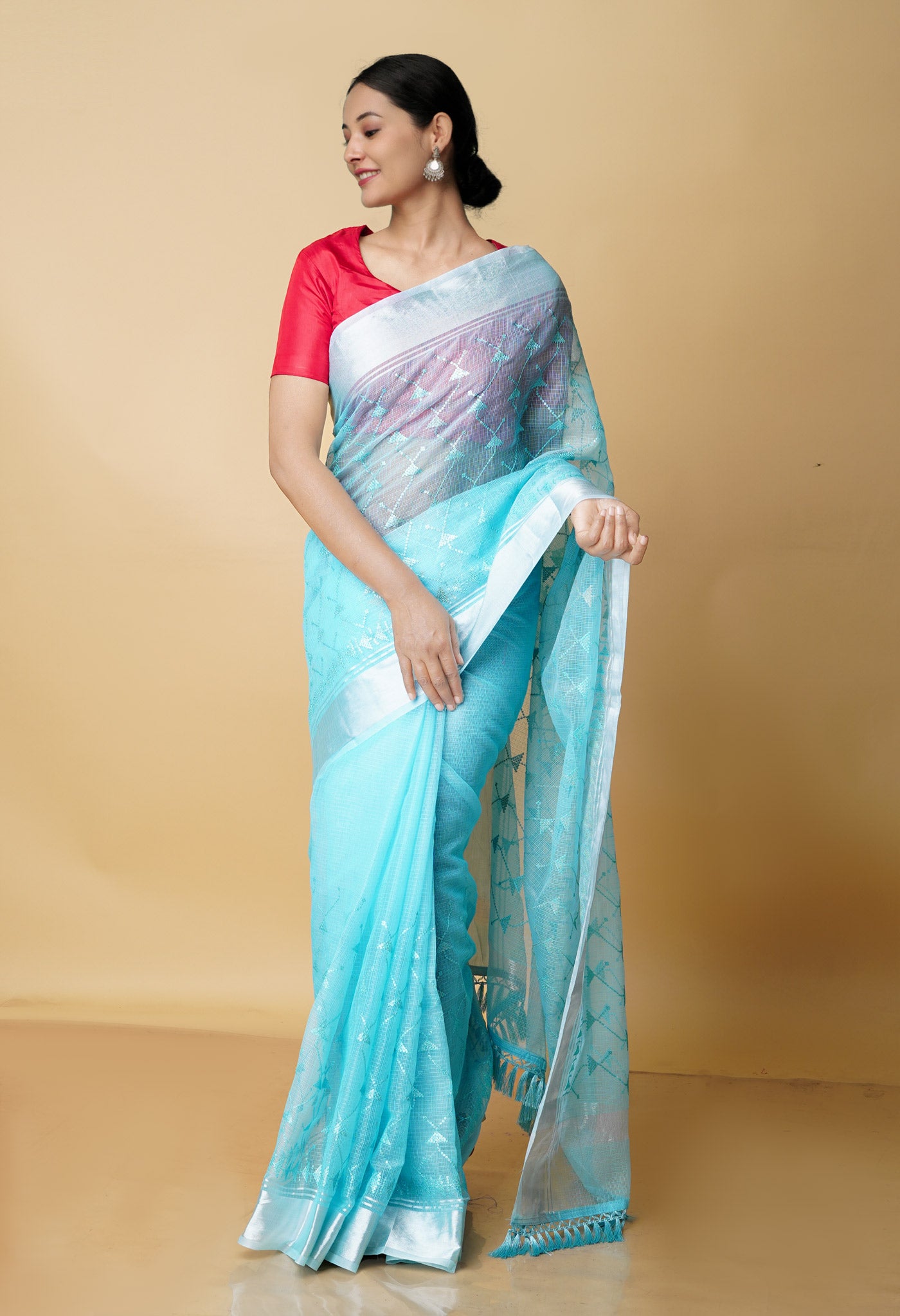 Sky Blue Pure  Kota With Sequence Embroidery cotton Saree-UNM70555