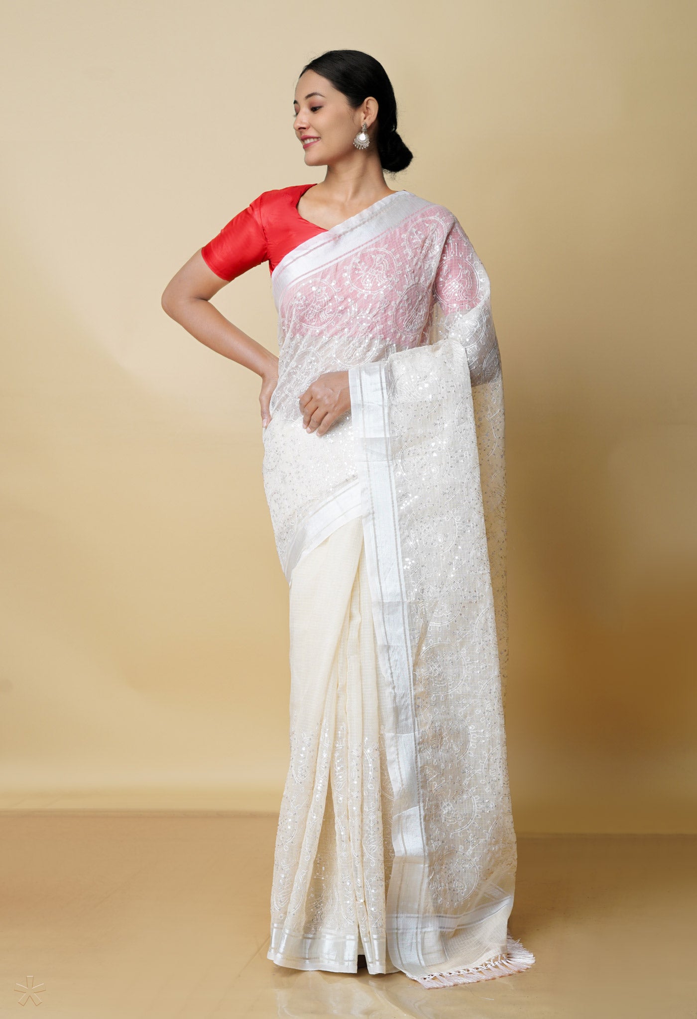 Cream Pure  Kota With Sequence Embroidery cotton Saree-UNM70557