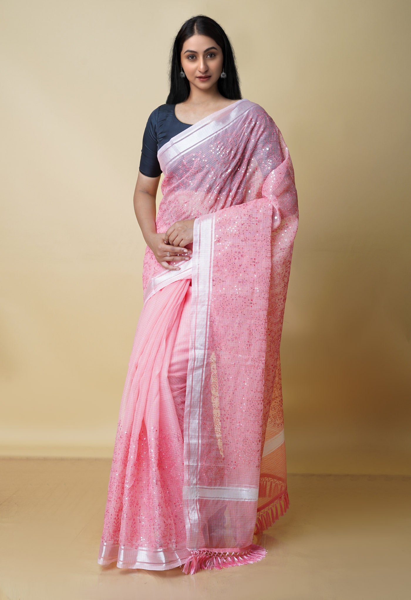 Peach Pink Pure  Kota With Sequence Embroidery cotton Saree-UNM70559