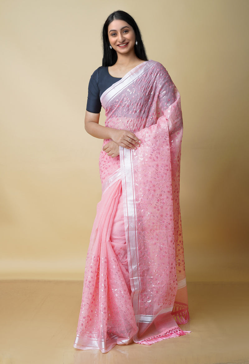 Peach Pink Pure  Kota With Sequence Embroidery cotton Saree-UNM70568