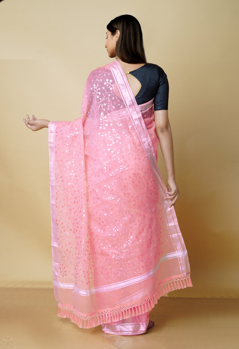 Peach Pink Pure  Kota With Sequence Embroidery cotton Saree-UNM70568