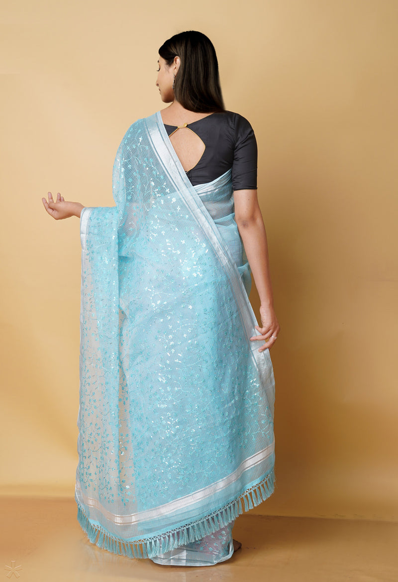 Sky Blue Pure  Kota With Sequence Embroidery cotton Saree-UNM70569