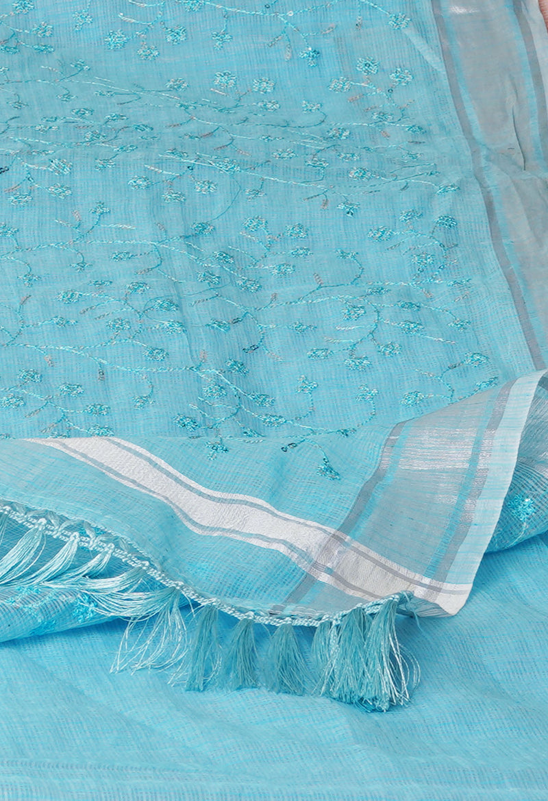 Sky Blue Pure  Kota With Sequence Embroidery cotton Saree-UNM70569
