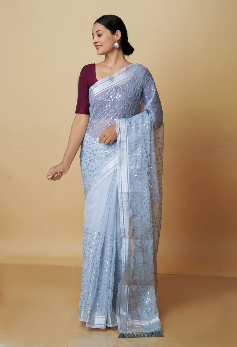 Grey Pure  Kota With Sequence Embroidery cotton Saree-UNM70571
