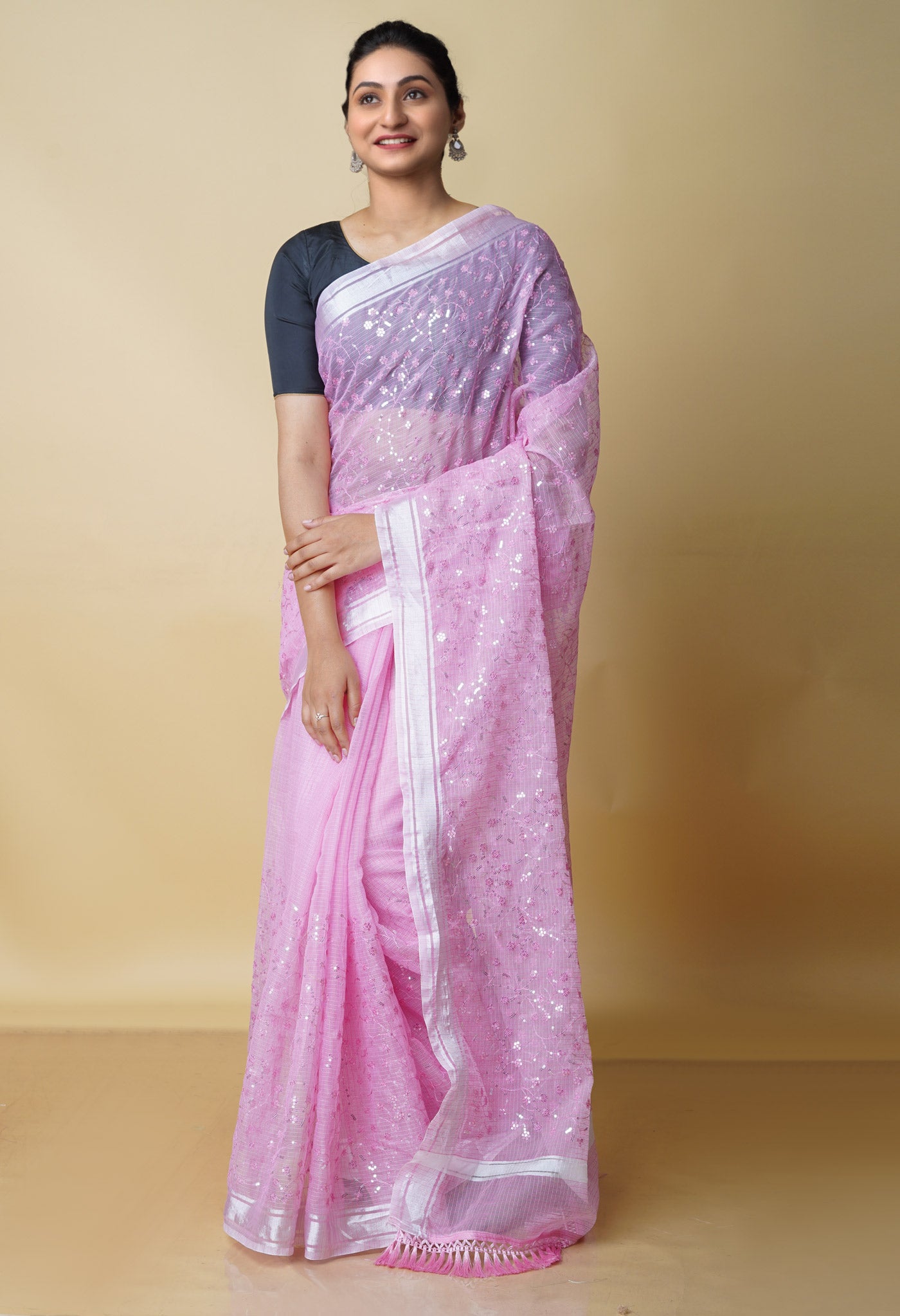 Pink Pure Kota With Sequence Embroidery cotton Saree