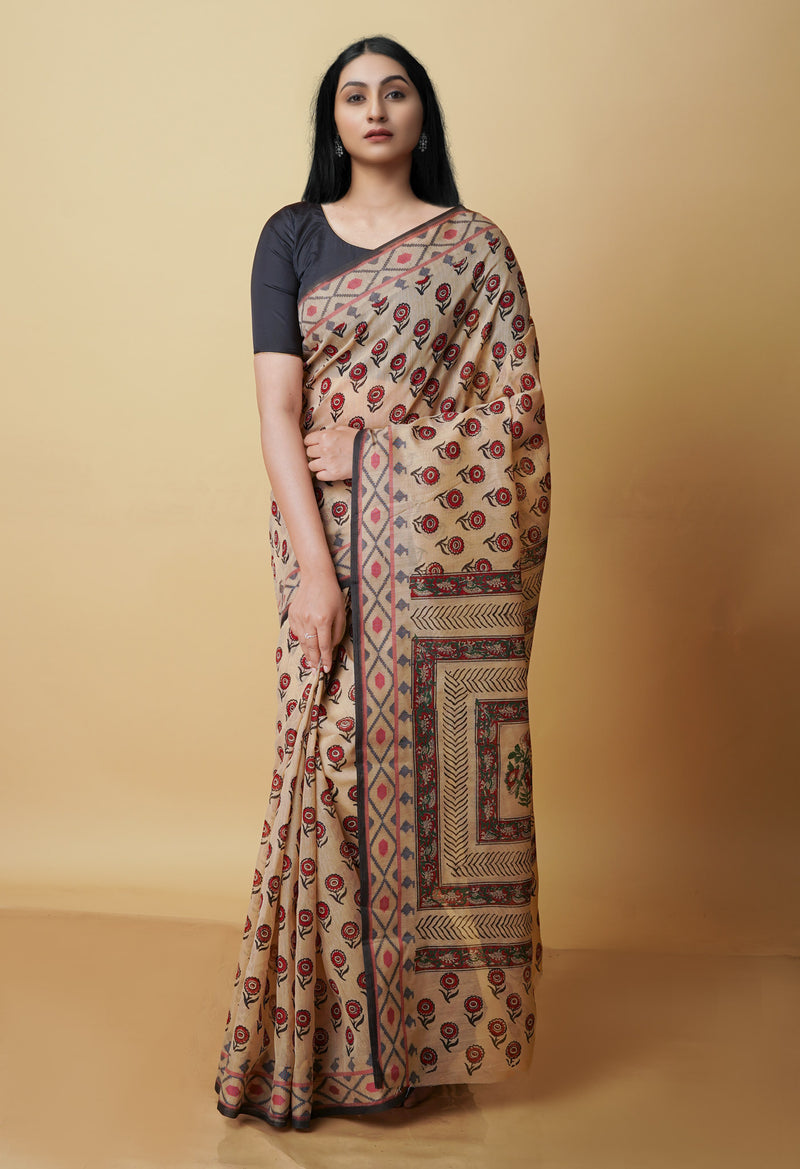 Cream  Chanderi Block Printed Sico Saree-UNM70583